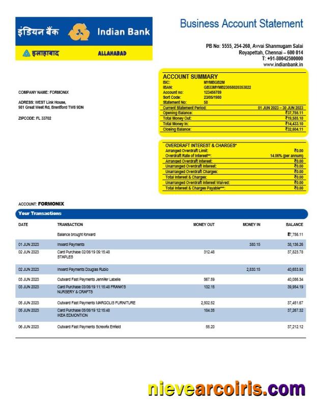 Indian Bank organization checking account statement